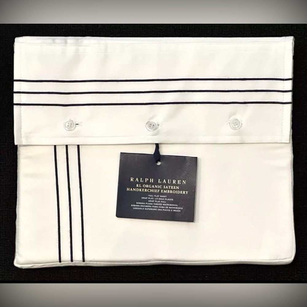 $185 NEW RALPH LAUREN HOME FULL FLAT SHEET 624 HANDKERCHIEF EMBROIDERY POLO NAVY